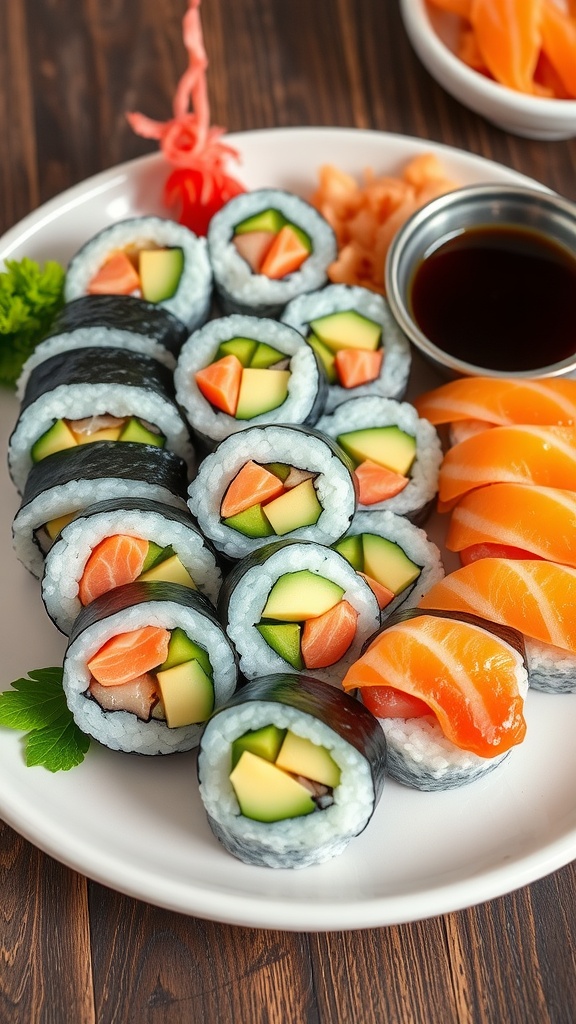 A plate of sushi rolls with avocado, cucumber, and salmon, garnished with pickled ginger and soy sauce.